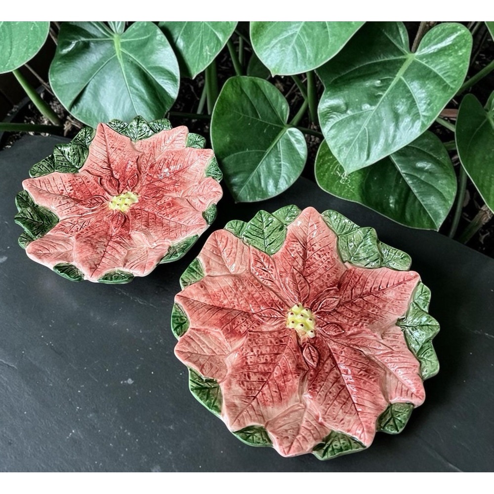 2 Fitz & Floyd Omnibus Poinsettia Christmas Dessert Snack Canape Plates Vintage